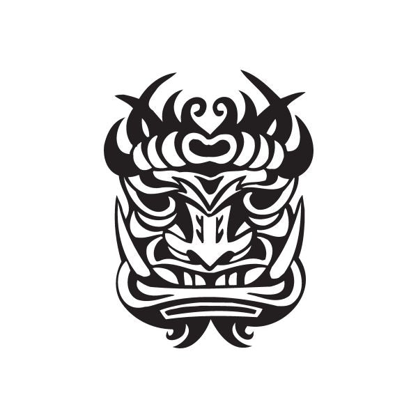 Tiki face decal with black tribal mask and white swirls, heart motif