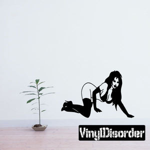 Crawling woman in heels wall decal, black silhouette with faint outline details