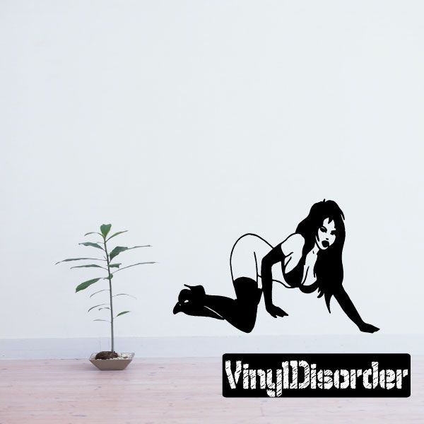 Crawling woman in heels wall decal, black silhouette with faint outline details