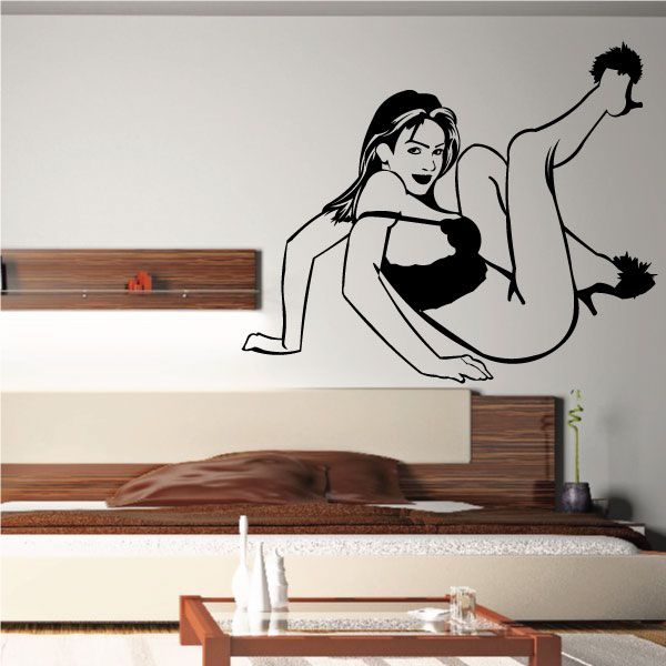 Woman in black lingerie wall decal with fuzzy heel silhouettes and playful pose