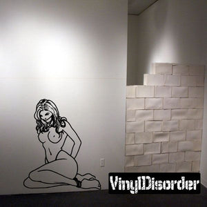Black line art decal of a bound, gagged damsel kneeling on the floor