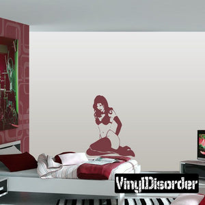 Bound damsel wall decal, seated woman silhouette with rope-style bondage art