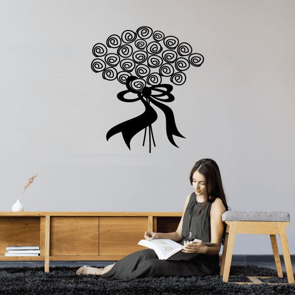 Black swirl flower bouquet ribbon decal with bow