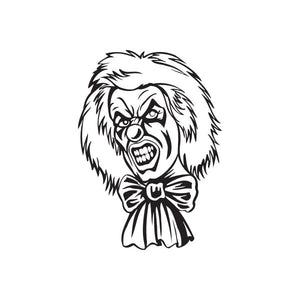 Clown head parka decal with bow tie, black and white line art