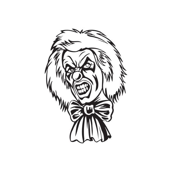 Clown head parka decal with bow tie, black and white line art