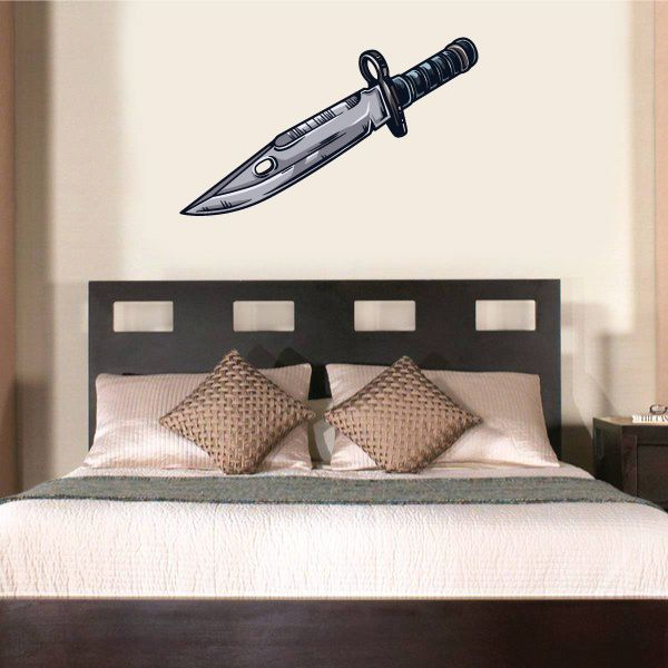 Bowie knife printed die cut decal, dark blue and gray knife on light background