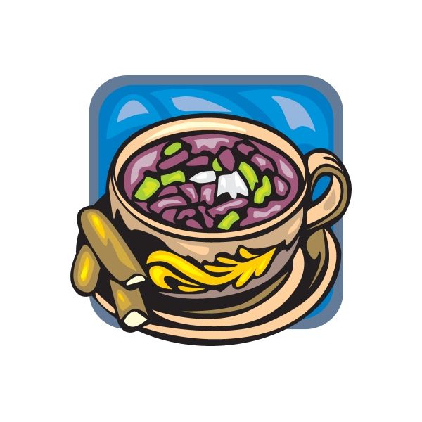 Soup bowl sticker with blue bowl, pink broth, green garnish and dark rim