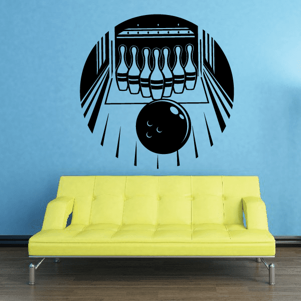 Bowling lanes and pins strike wall decal with bowling pin and lane illustration