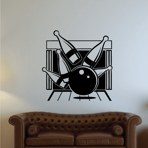 Bowling pins and ball decal graphic with black ball and striped pins