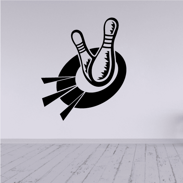 Bowling two-pin knock decal with two bowling pins and ball silhouette graphic
