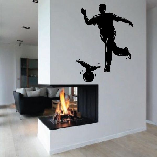 Bowling player strike wall decal, black silhouette throwing a ball at pins