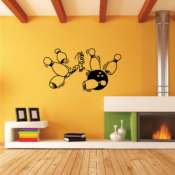 Cartoon bowling player strike wall decal with bowler and bowling pin graphic