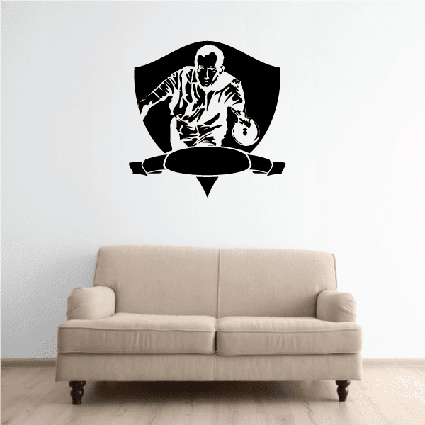 Bowling template crest decal featuring a black bowler silhouette holding a ball