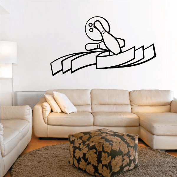 Bowling ball and pin ribbon wall decal with stacked pin graphic, black outline
