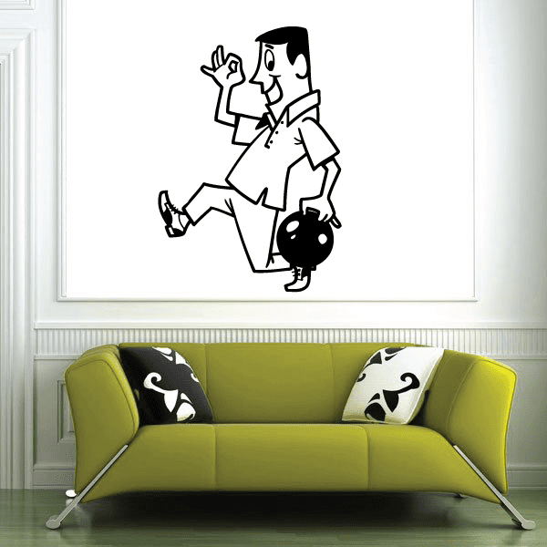 Bowling man wall decal in black and white, ready-to-bowl pose