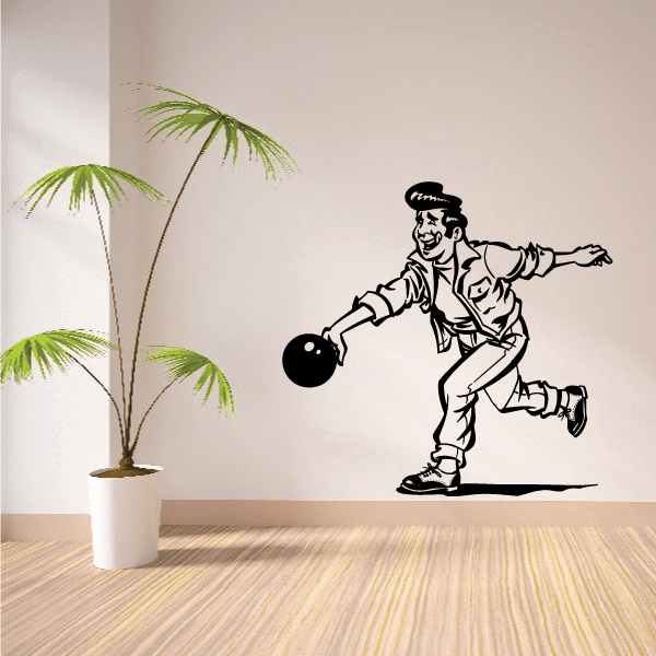 Bowling ball decal of a cartoon man swinging a black bowling ball
