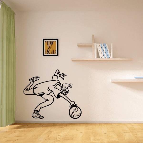 Bowler releasing straight ball wall decal in black line art with tan shading