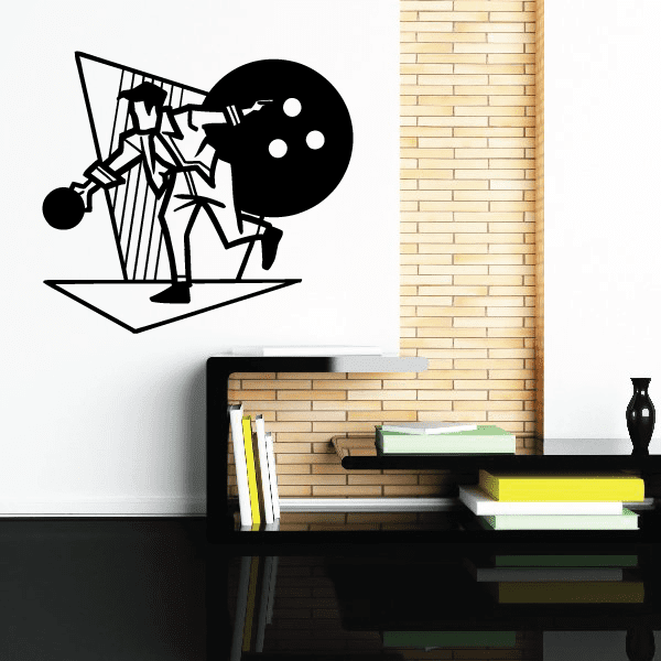 Retro bowling scene wall decal: black bowler, pins and bowling ball graphic