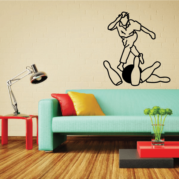 Bowling strike wall decal with angled shot bowler and pin silhouette