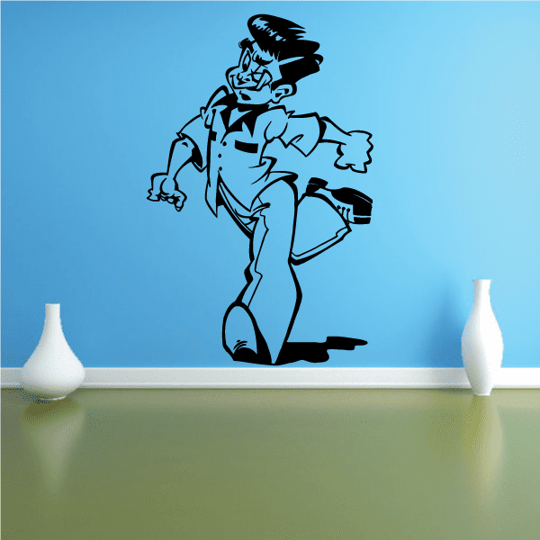 Cartoon bowler hat character decal, bold black lines with blue fill