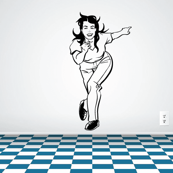 Bowling pose illustration of a smiling woman with arms extended, standing in stance