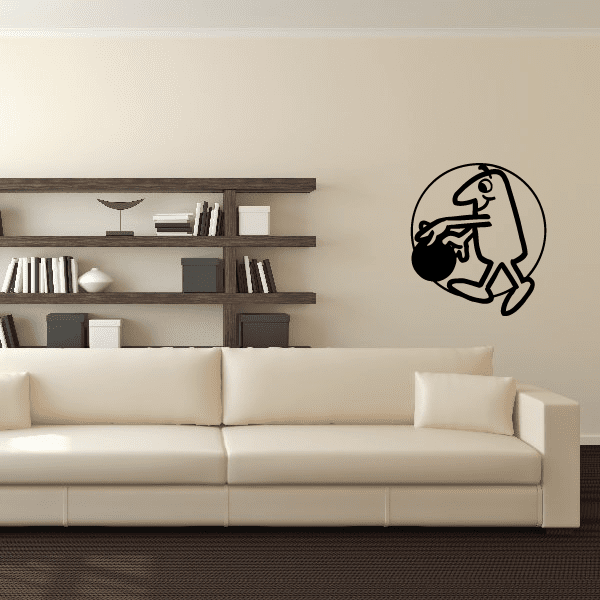 Bowling cartoon wall decal of a guy holding a bowling ball, black outline
