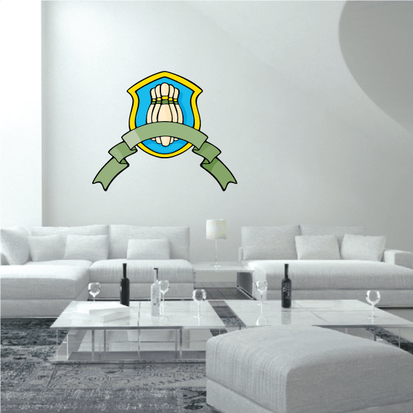 Color crest sticker with bowling pin ribbon, symmetrical yellow, blue, and green emblem