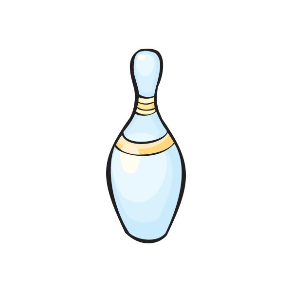 Bowling pin sticker, light blue pin with gold collar and dark outline