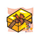 Boxed present sticker with yellow gift box, orange ribbon, and colorful dots