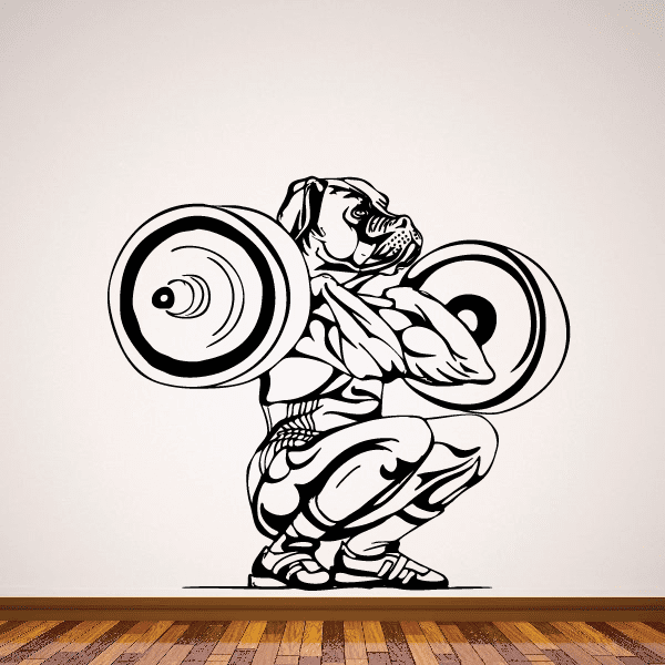 Bodybuilder dog lifting barbell decal, black and white line art