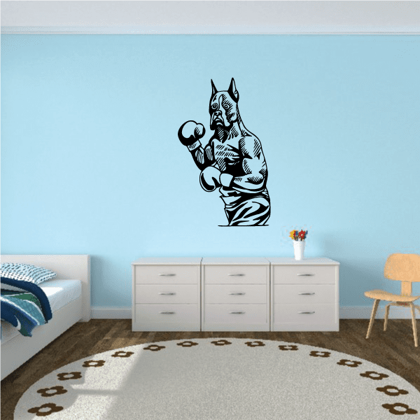 Boxer dog boxing decal, black outline of dog punching with gloves