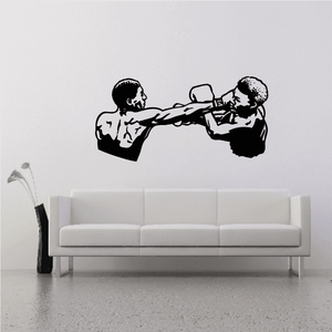 Boxers blocking punch wall decal with two black-and-white boxer silhouettes