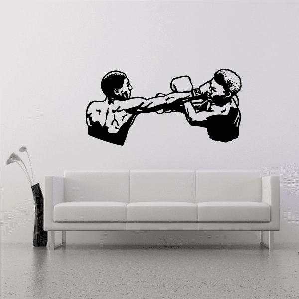 Boxers blocking punch wall decal with two black-and-white boxer silhouettes