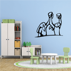 Rabbit boxing winner pose wall decal with raised arms and gloves, black line art