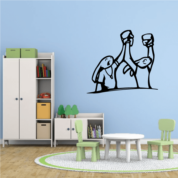 Rabbit boxing winner pose wall decal with raised arms and gloves, black line art