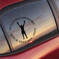 Custom boxing memorial decal with silhouetted boxer and curved text on car window