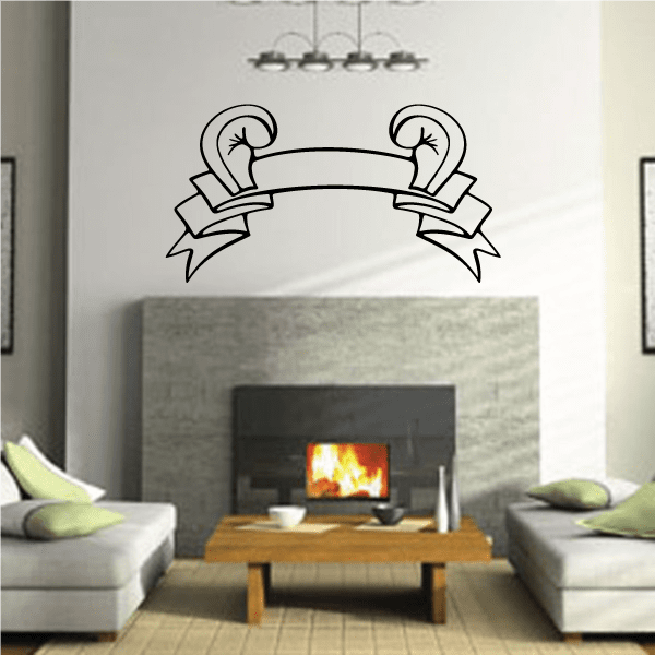 Boxing gloves scroll decal with banner and curved ribbon, black line art