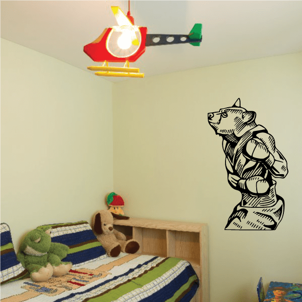 Boxing bear wall decal, bold black outline with boxing glove pose.