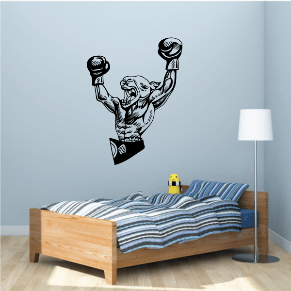 Boxing kangaroo wall decal, black outline with raised fists and gloves.