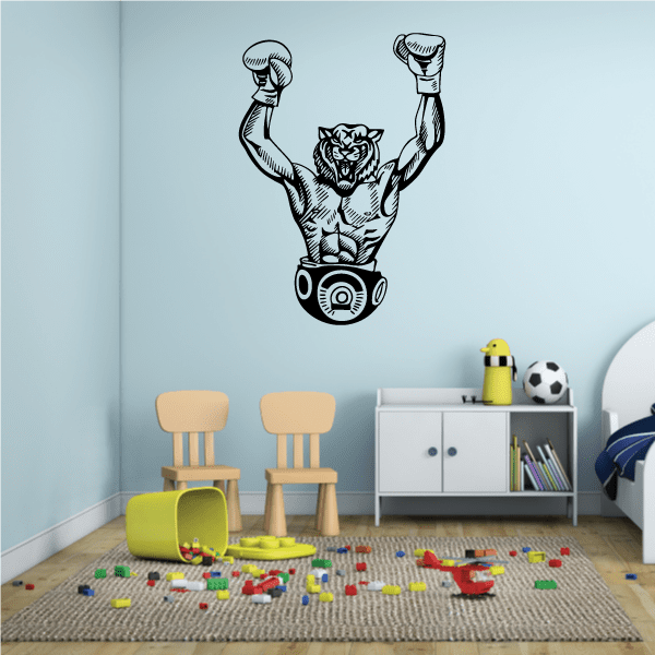 Tiger boxing mascot decal, illustrated tiger with raised fists and boxing belt