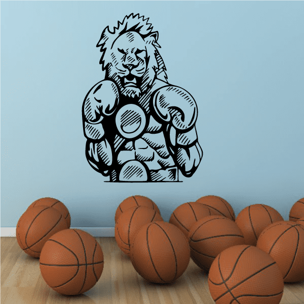Boxing lion champ mascot decal in black-and-white, lion boxer with raised fists and belt