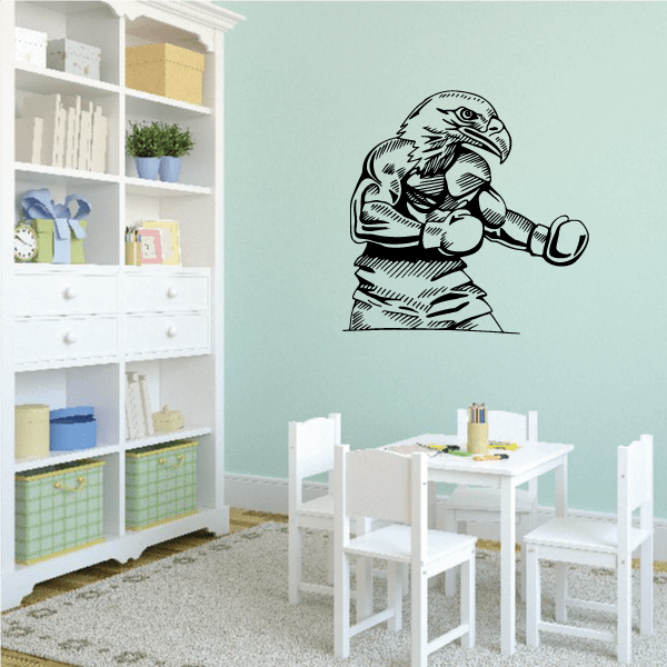 Boxing eagle mascot wall decal with black outline, boxing glove raised