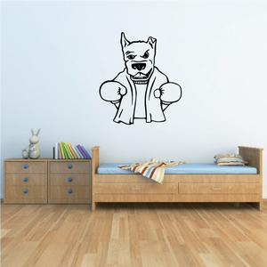 Boxing dog mascot decal with towel wrap, cartoon-style