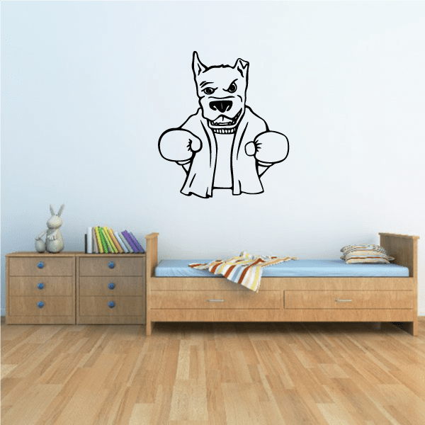 Boxing dog mascot decal with towel wrap, cartoon-style