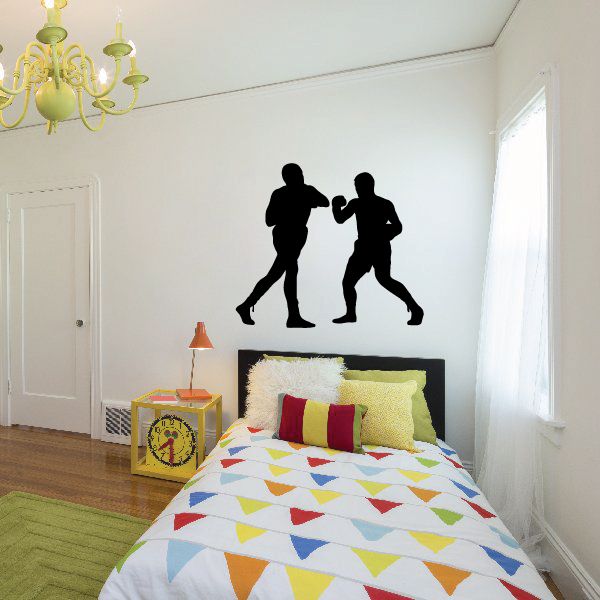 Boxing wall decal vinyl with two black boxer silhouettes on a bedroom wall