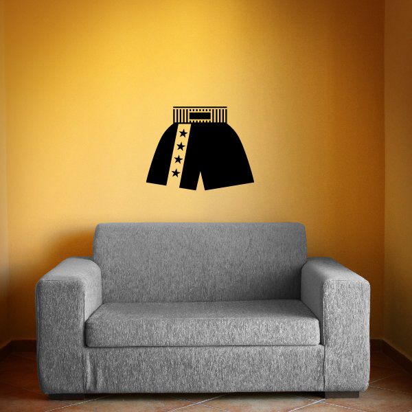 Black boxing shorts vinyl wall decal with star details and striped belt