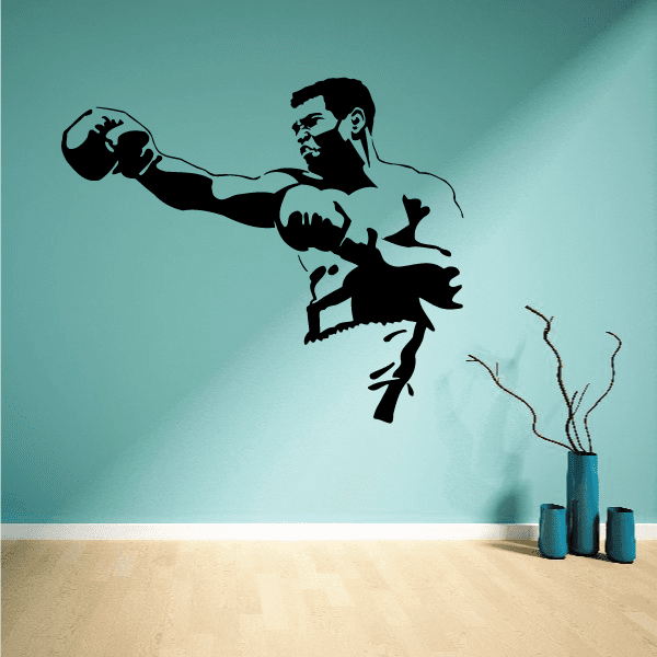 Black boxing wall decal vinyl sticker of a boxer throwing a punch.
