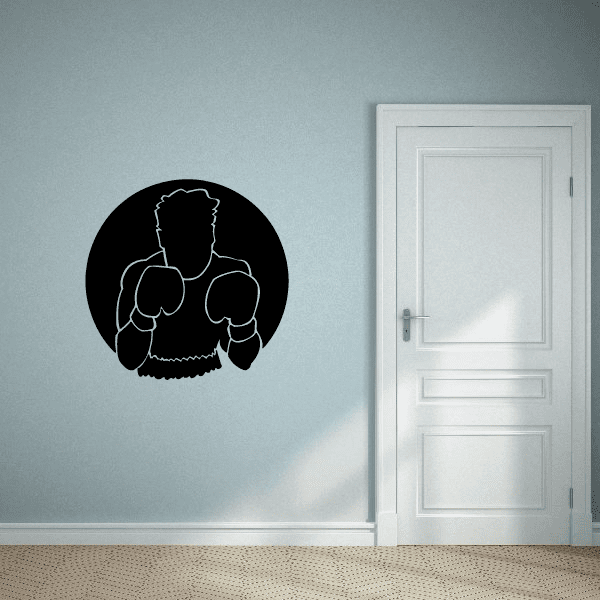 Boxing wall vinyl decal with black circular boxer silhouette and gloves