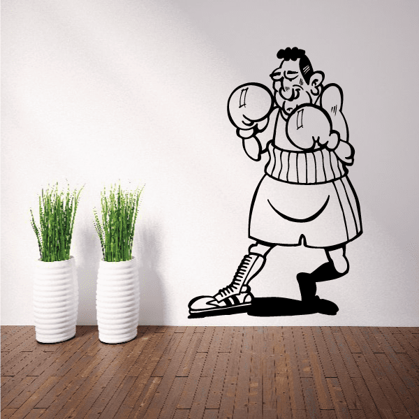 Boxing cartoon wall decal of a bearded man punching stance, holding boxing gloves