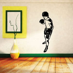 Boxing wall vinyl decal featuring a black boxer silhouette standing in guard pose